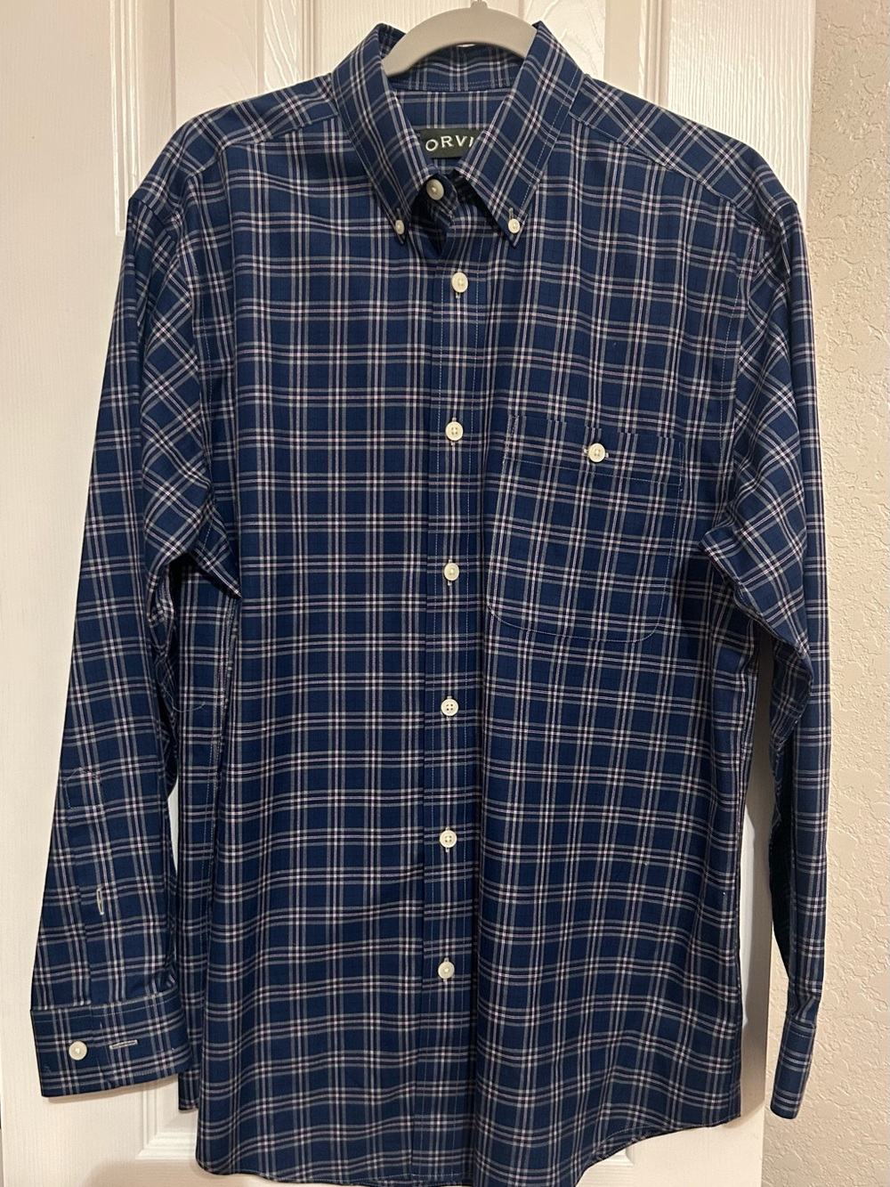 Orvis Navy and White Plaid Cotton Button-Down Wrinkle Free Shirt